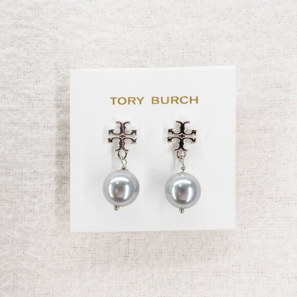 Tory Burch Faux Pearl Logo Drop Earrings Silver OS - Picture 1 of 12